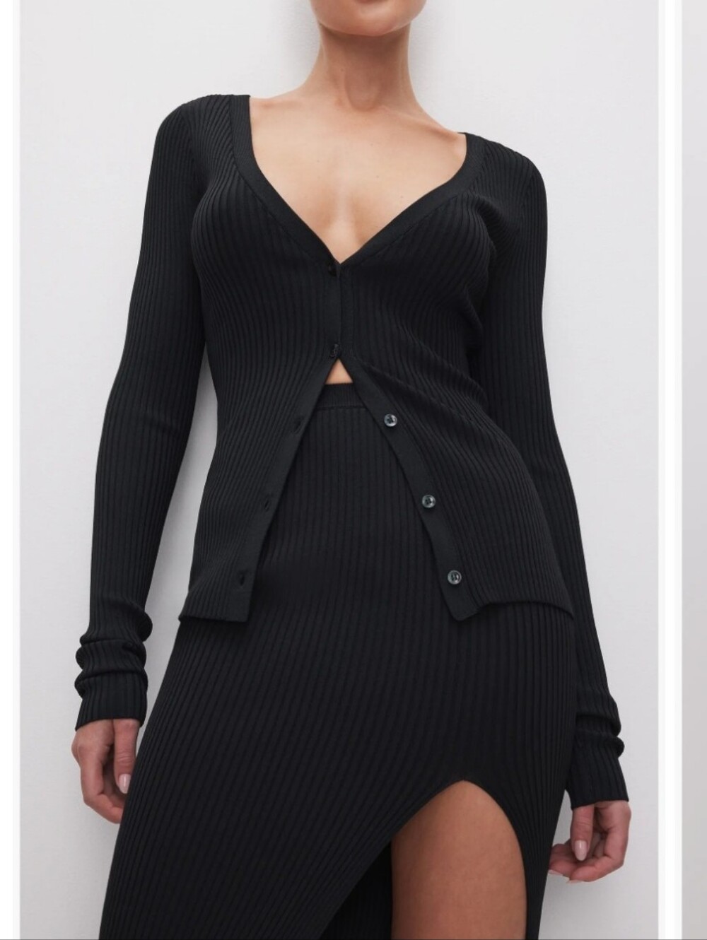 Good American Shine Rib V Neck Cardigan Large Black Long Sleeve Button Front